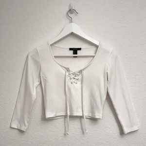 Forever 21 White Front-Tie 3/4 Sleeve Crop Top S